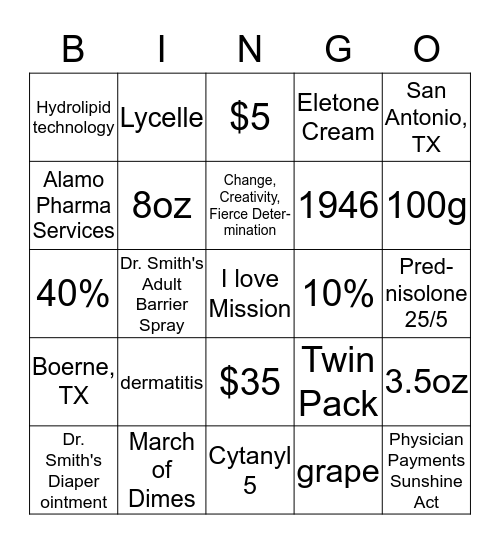 Specialty Team Bingo Card