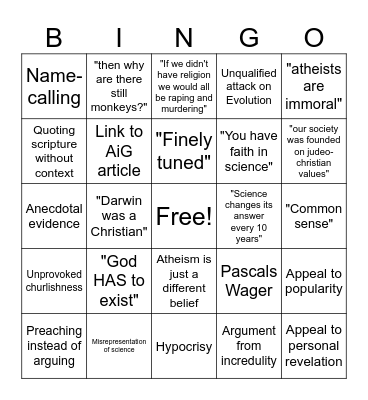Shitty Theist Bingo Card