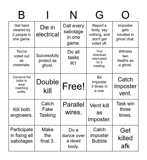 Among us Bingo Card