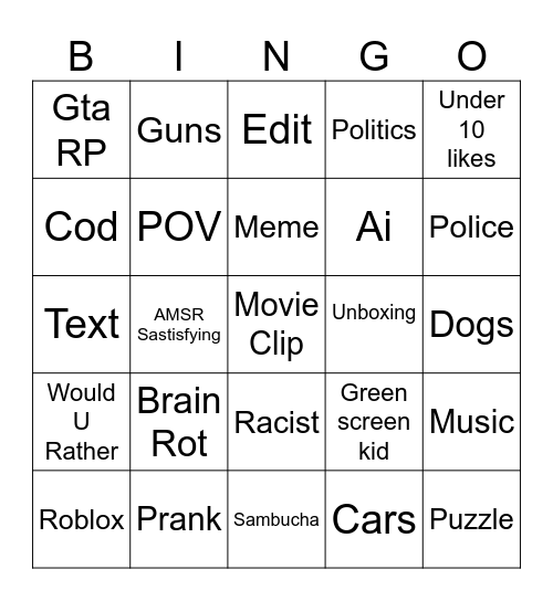 Yt shorts Bingo Card