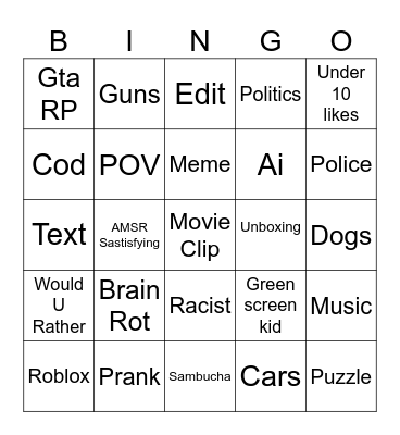 Yt shorts Bingo Card