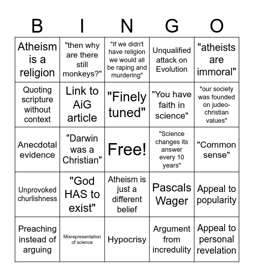 Shitty Theist Bingo Card