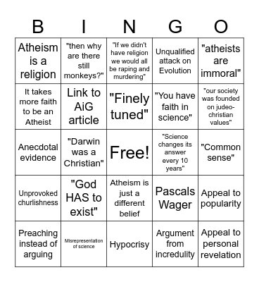 Shitty Theist Bingo Card