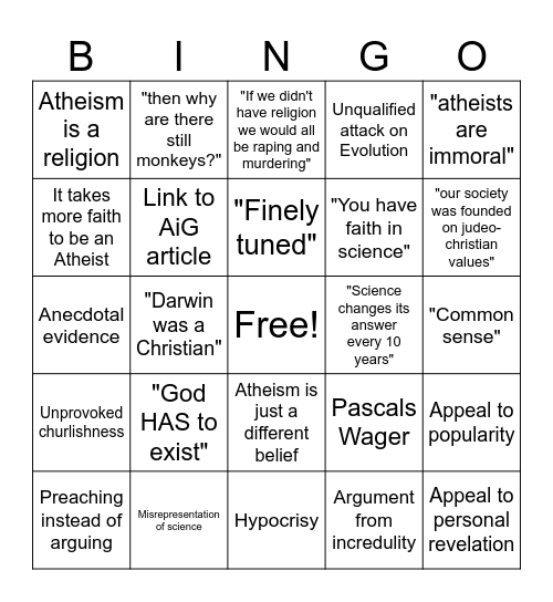 Shitty Theist Bingo Card