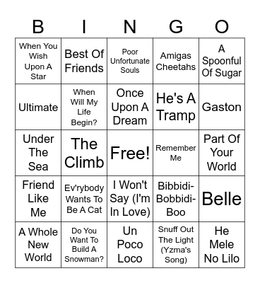 Disney Music Bingo Card