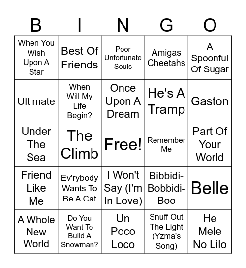 Disney Music Bingo Card