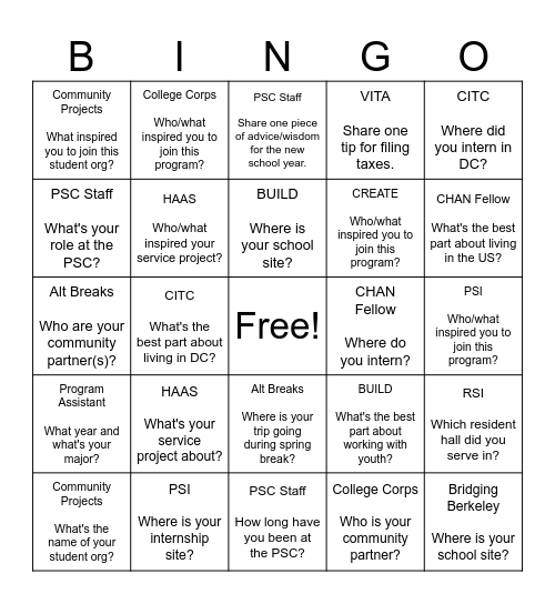 PSC BINGO Card