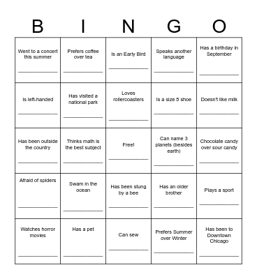 Get to Know You Bingo Card