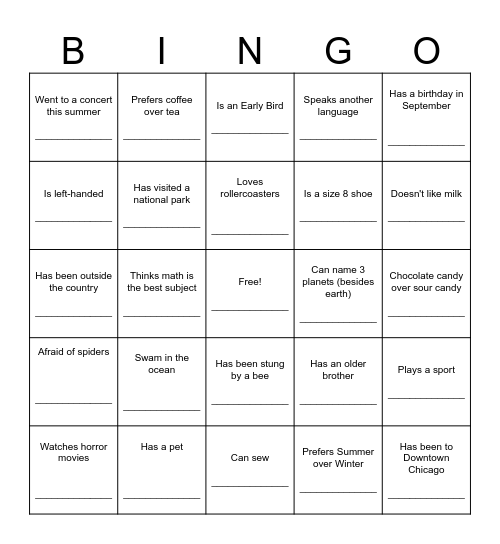 Get to Know You Bingo Card