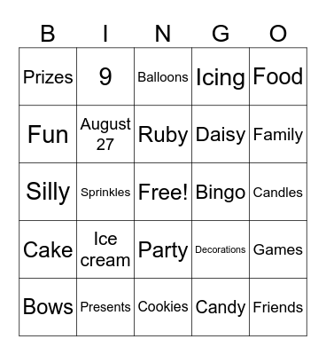 Ruby's Birthday Bingo Card