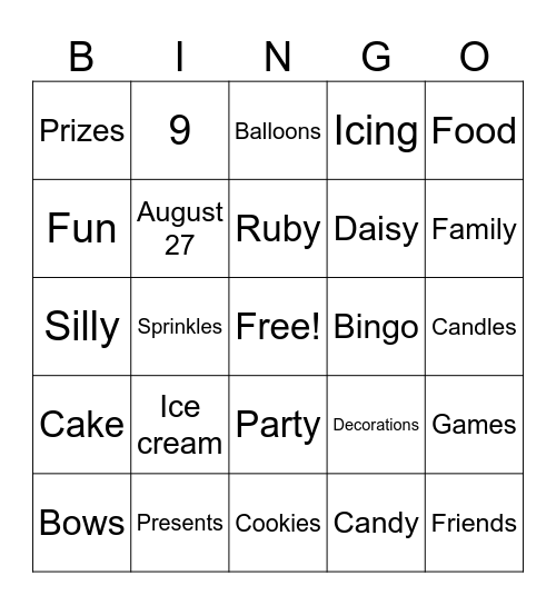 Ruby's Birthday Bingo Card