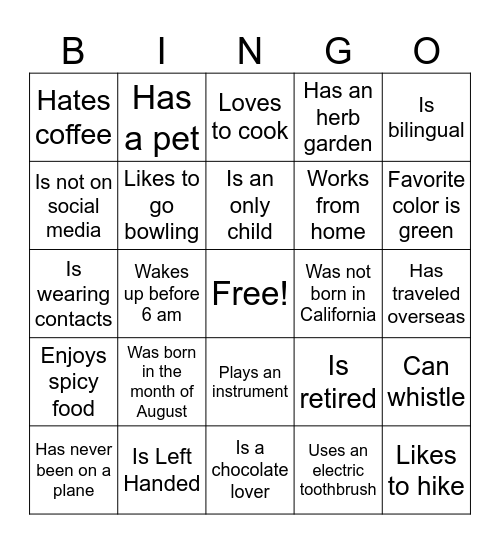 Commonalities Bingo Card