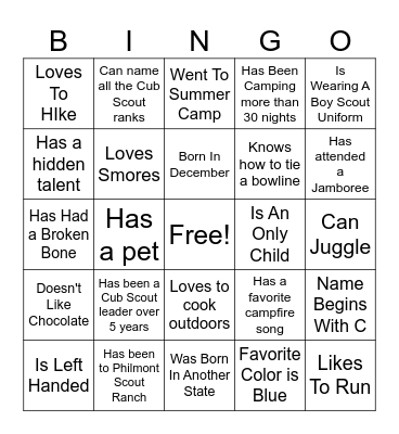 Cub Scout Leader Bingo Card