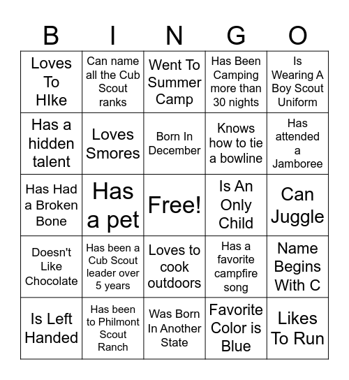 Cub Scout Leader Bingo Card