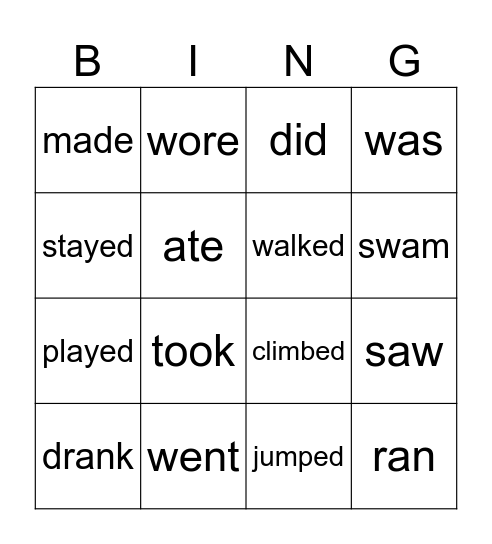 past tense verbs Bingo Card