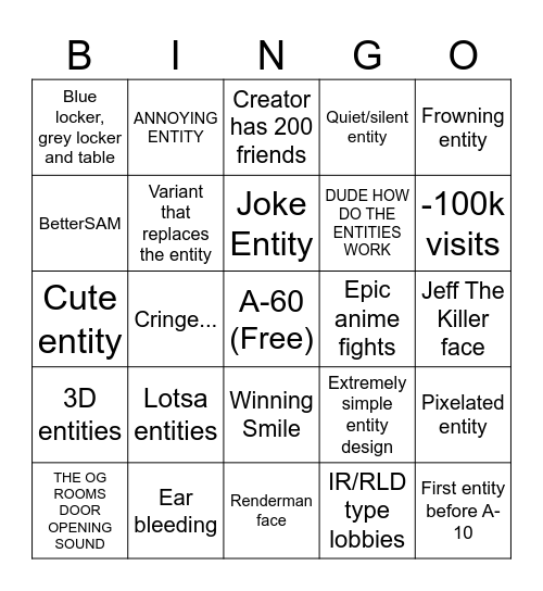 Rooms Fangame Bingo Card