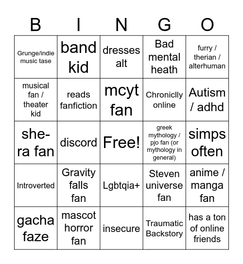 Weird kid bingo Card