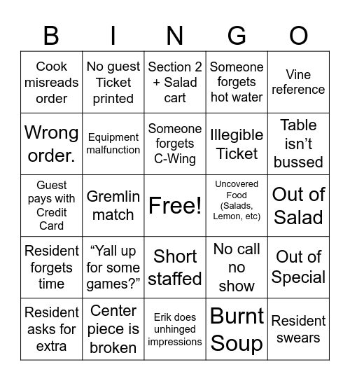 The Dining Room Bingo Card