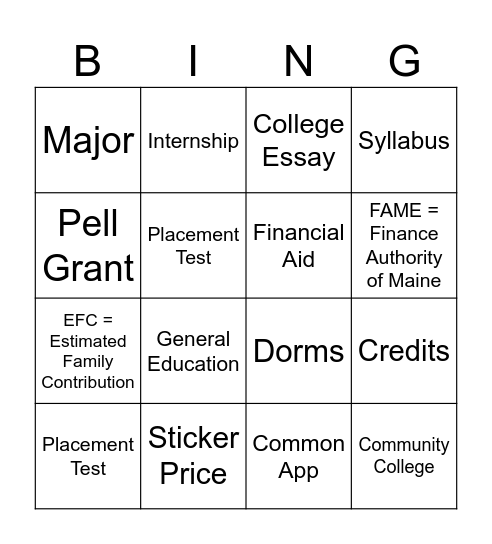 College Readiness Bingo Card