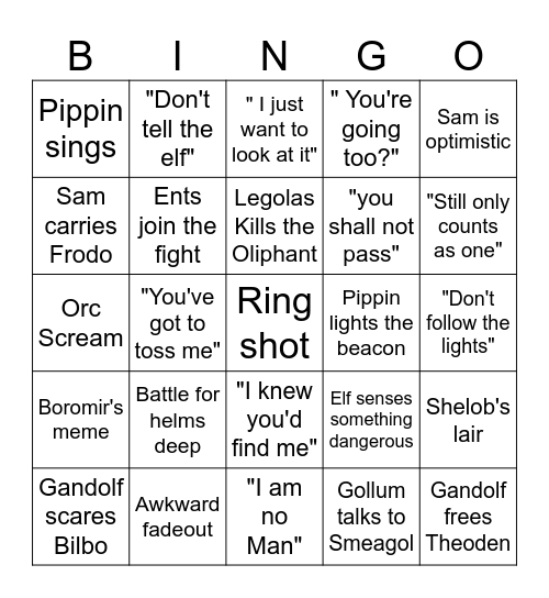 Lord of the Rings Bingo Card