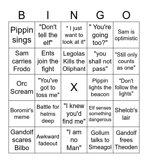 Lord of the Rings Bingo Card