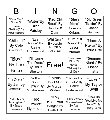 COUNTRY MUSICAL BINGO #3 Bingo Card
