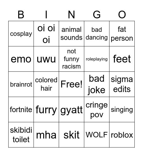 cringe bingo Card