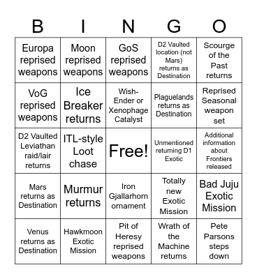 Destiny Anniversary Bingo Card