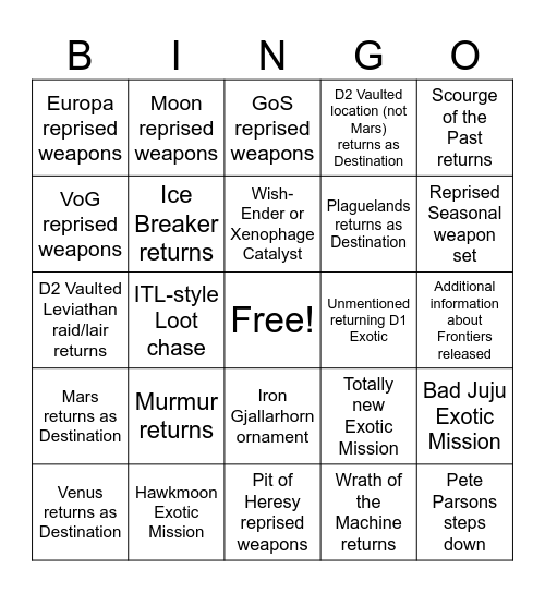 Destiny Anniversary Bingo Card