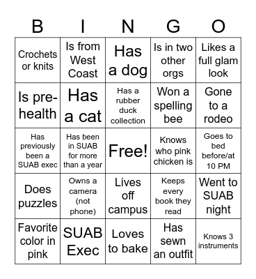 Getting to know you Bingo Card