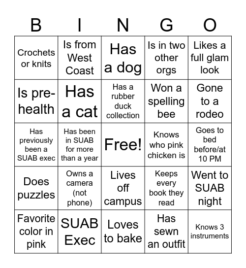 Getting to know you Bingo Card