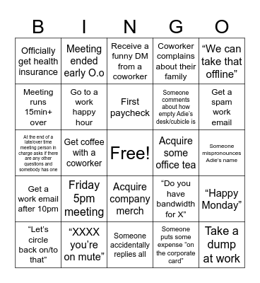 Adie Has a Job Bingo Card