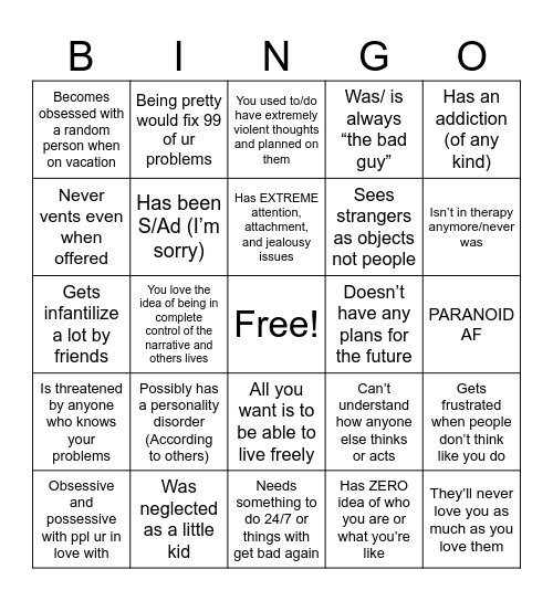 Lins bingo!! ^^ but it’s all the bad stuff!! Bingo Card