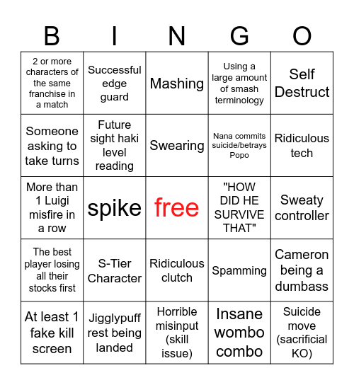 SSBU Bingo Card