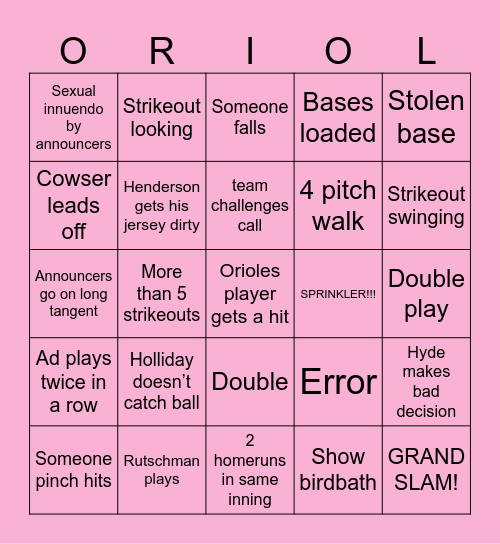 ORIOLES Bingo Card