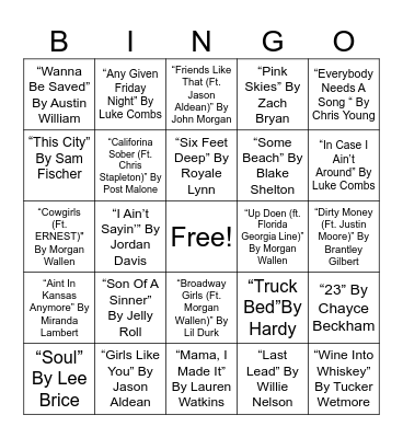 COUNTRY MUSICAL BINGO #4 Bingo Card