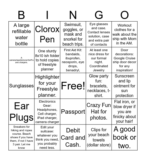 Preparation Bingo Card