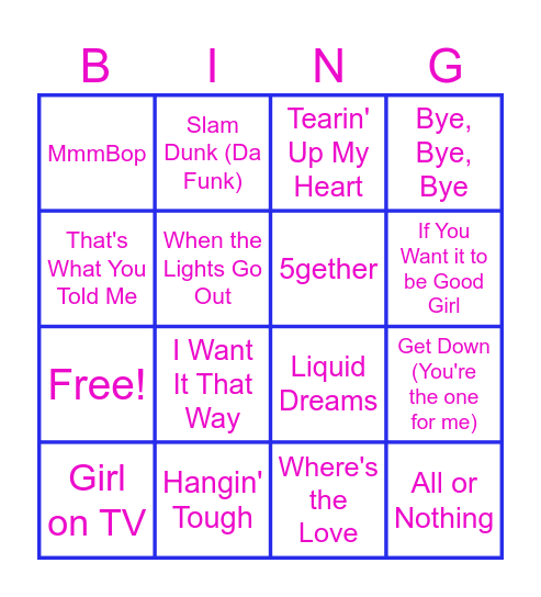 Boyband Bingo Card