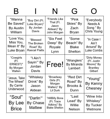 COUNTRY MUSICAL BINGO #4 Bingo Card