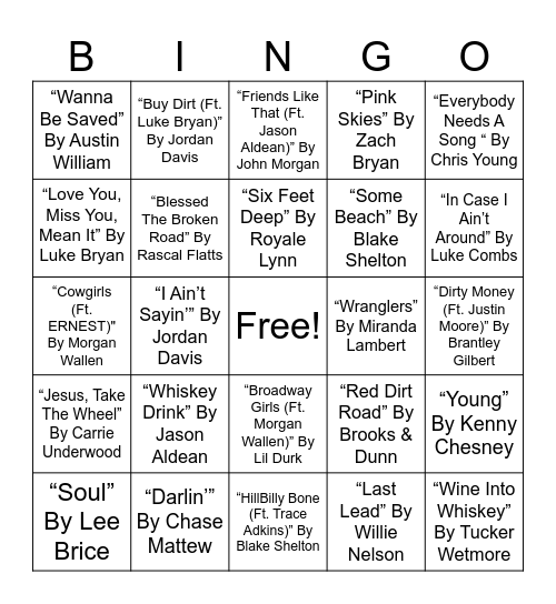 COUNTRY MUSICAL BINGO #4 Bingo Card