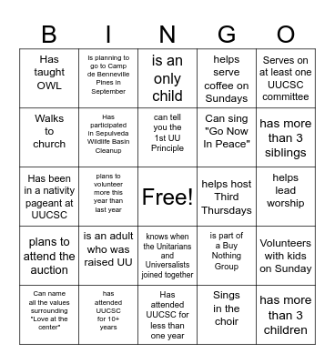 UU Human Bingo- Find someone who... Bingo Card