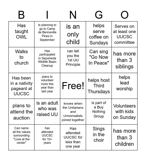 UU Human Bingo- Find someone who... Bingo Card