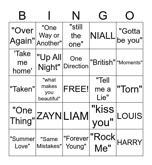 ONE DIRECTION BINGO!  Bingo Card