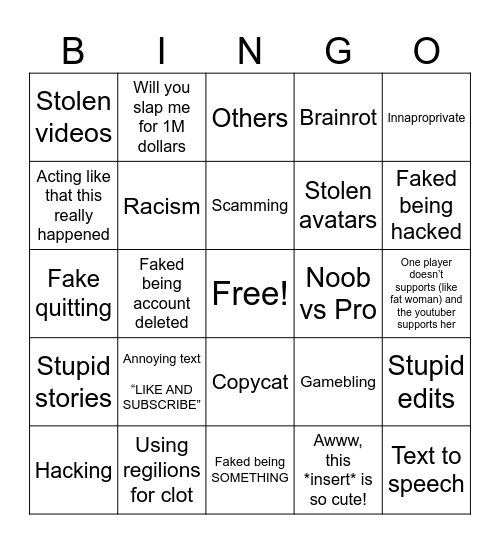 Roblox annoying shorts Bingo Card