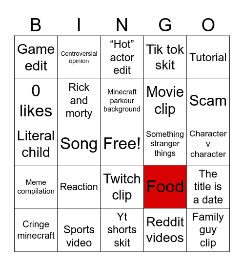 YouTube shorts Bingo Card