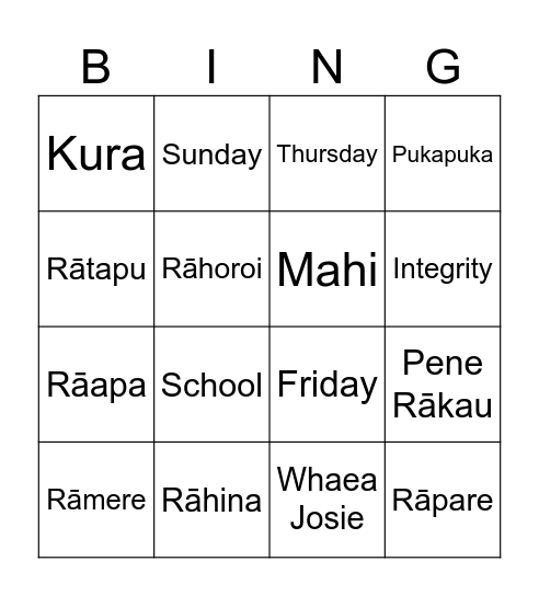 Te Reo Māori days of the week Bingo! Bingo Card
