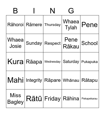 Te Reo Māori days of the week Bingo! Bingo Card