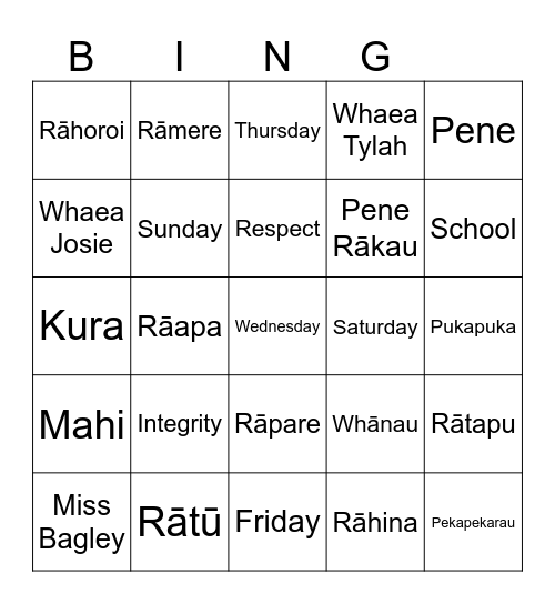 Te Reo Māori days of the week Bingo! Bingo Card