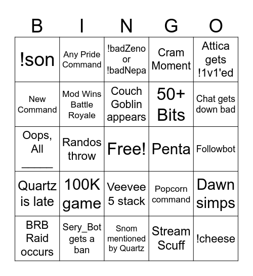 Attica's Stream Bingo Card