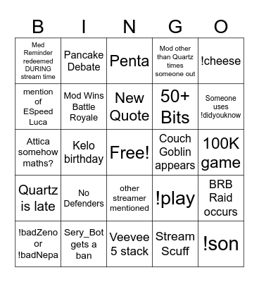 Attica's Stream Bingo Card